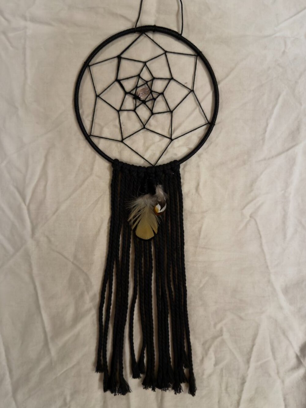 6" Wrapped Round Ring Boho Macrame Black Dreamcatcher with Yellow Feathers